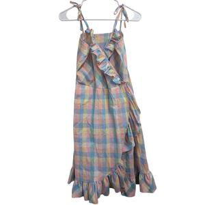Women's pretty rainbow pastel gingham midi sun dress w/ruffle front detail Small